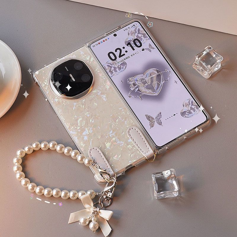 适用华为MateX6手机壳贝壳纹mateX5高级定制x3典藏版后壳前框超薄 彩白贝壳纹+蝴蝶结挂件+手链 华为 Mate X6典藏版