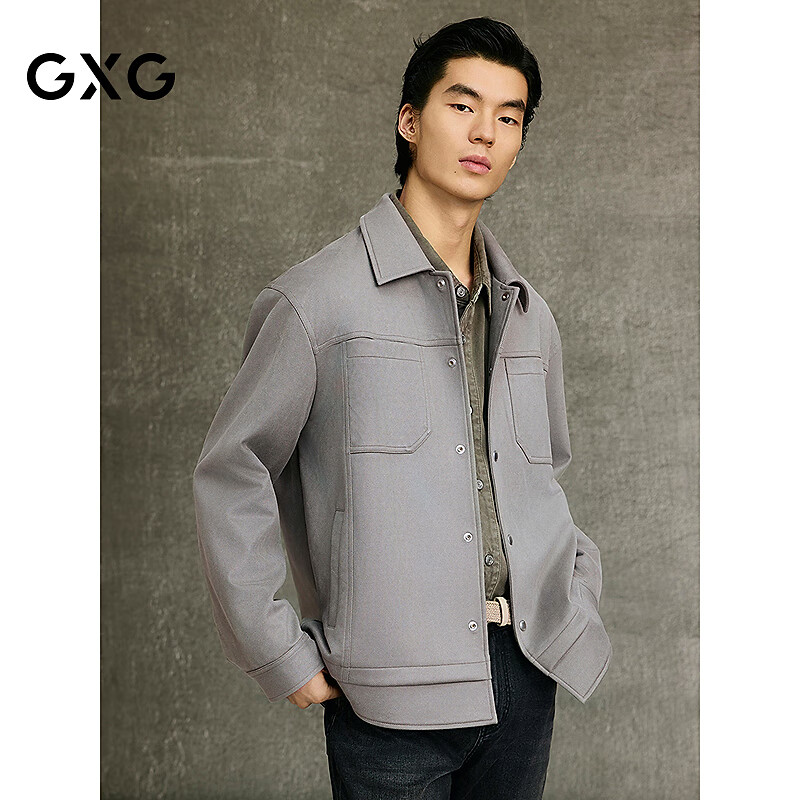 GXG男装 灰绿色仿麂皮衬衫式假两件翻领夹克25年春新品G25X211023 灰绿色 M