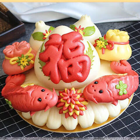 素品無記母親節(jié)留娘糕留爹魚父母安康手工果蔬花餑餑生日壽桃饅頭送父母 魚福袋石榴福桃款