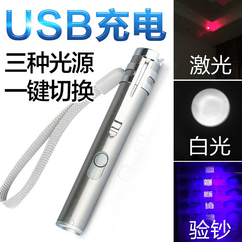 雷佰 红外线激光笔迷你USB充电逗狗猫棒售楼指示射笔二合一照明白光灯 红激光+白光【USB充电版】