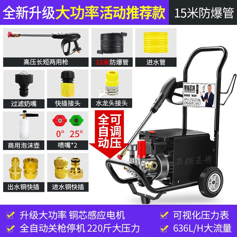 黑貓圣將洗車高壓水泵洗車機(jī)220v水槍家用大功率全自動(dòng)清洗機(jī)神器 0W 全新升級(jí)可調(diào)壓活