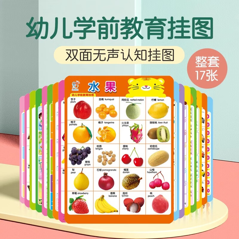 幼儿学前教育挂图(共17张)双面34页婴幼儿早教启蒙挂图认知认物书 宝宝看图识字拼音挂画 家庭早教认知墙贴 京东折扣/优惠券