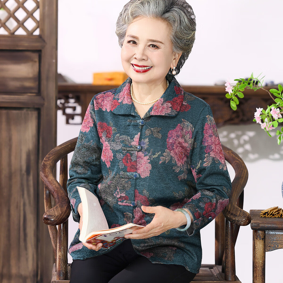 大唐夫人【大花朵】中老年人春秋裝女奶奶襯衫長袖媽媽外套70歲80老人