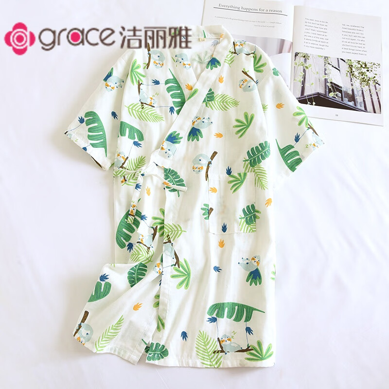 潔麗雅 GRACE日系兒童睡袍男女童睡衣棉質(zhì)紗布寶寶和服睡裙薄款浴袍溫泉服 綠葉樹袋熊兒童浴袍 150cm