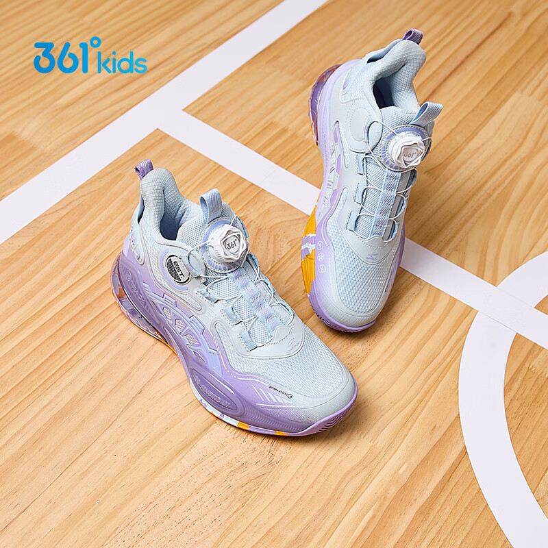 361°儿童童鞋男童运动耐磨篮球鞋年冬季新款中大童旋钮扣运动鞋子 泥灰蓝色/柔紫色 35