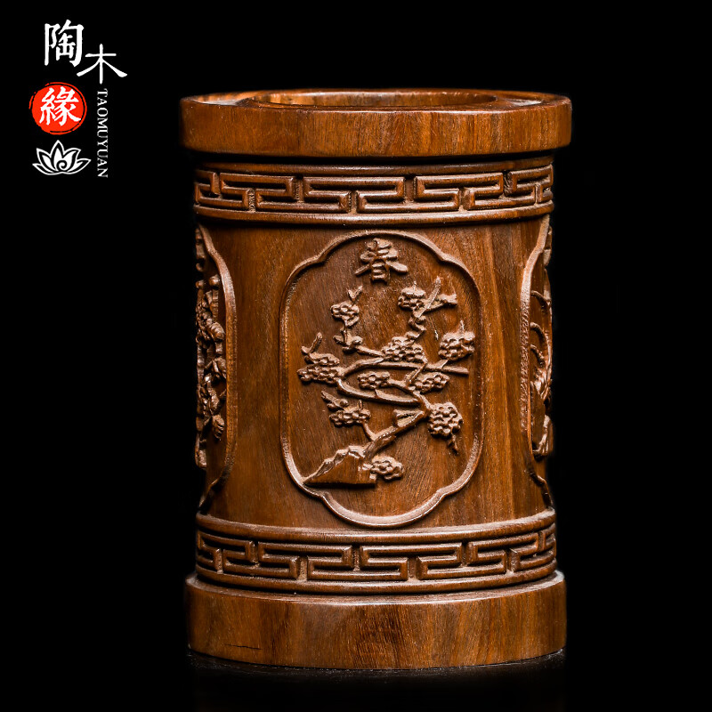 陶木緣綠檀香木雕刻手把件創(chuàng)意文玩家居擺件掛件工藝禮品 綠檀香木筆筒春夏秋冬擺件