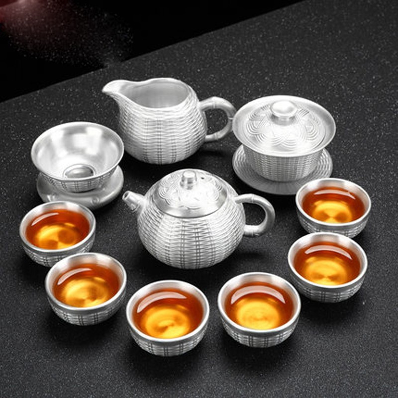 纯银功夫茶具套装家用简约陶瓷茶壶盖碗茶杯银茶具999