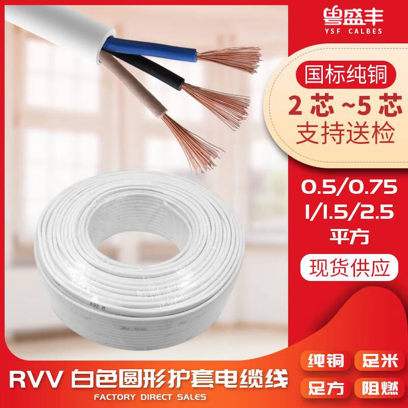 電線RVV2 3 4 5芯0.5/0.75/1平白色圓形護套線空心型控制線信號線 2芯0.5平 100米