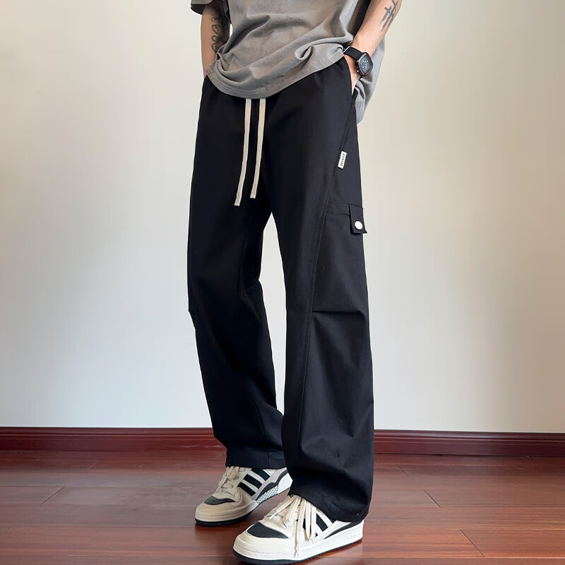 顶峰保罗(Dingfengbaoluo)纯棉工装裤男复古百搭美式休闲痞帅弯刀阔腿长裤子ZX02黑色L
