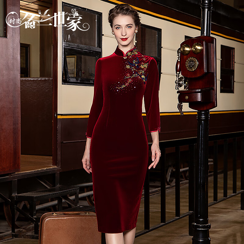 時尚名蘭世家原創(chuàng)設(shè)計新款金絲絨旗袍喜媽媽婆婆宴會婚宴裝禮服連衣裙 紅色8A（七分袖） 2XL