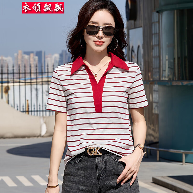 衣领飘飘时尚翻领条纹衫短袖女t恤女装夏季新款宽松款衣服上衣休闲体恤潮 红色条纹 S (90-105斤)