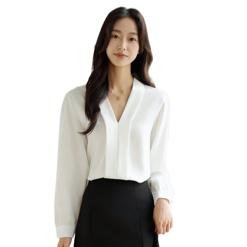 FitonTon白襯衫秋季女長袖V領緞面襯衫寬松顯瘦時尚職業(yè)裝通勤百搭襯衣