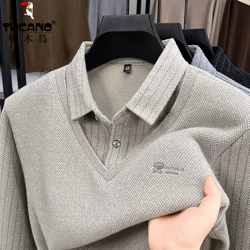 啄木鸟（TUCANO）加绒毛衣男加厚假两件针织衫一体绒冬季新款中年保暖套头男上衣  米白色 M 推荐90-110斤