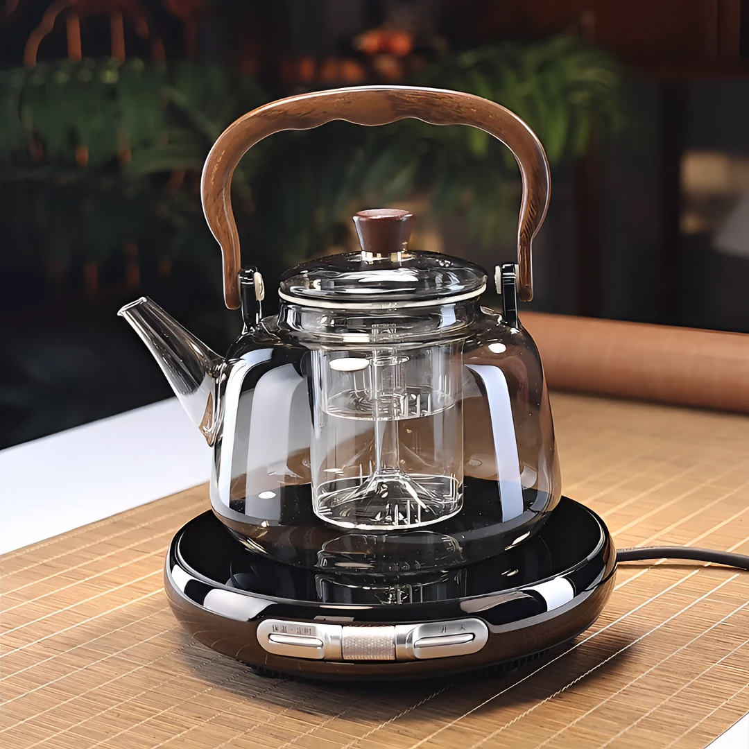 全度耐熱玻璃茶壺木把提梁壺蒸煮一體輕奢高檔電陶爐煮茶器圍爐煮茶 木紋把提梁壺灰色+茗鳳祥陶爐X1