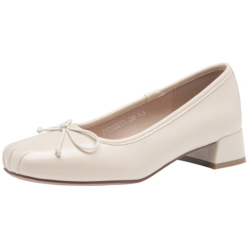 大东（dusto）粗跟方头浅口单鞋2025夏季甜美蝴蝶结芭蕾风百搭轻便女鞋0077 米色 35