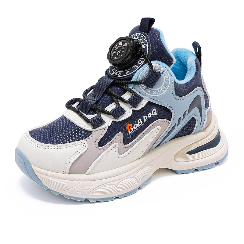 巴布豆童鞋男童冬季新款老爹鞋加绒保暖旋钮扣儿童运动鞋休闲百搭跑鞋 藏青蓝/米 32 适合脚长19.8cm