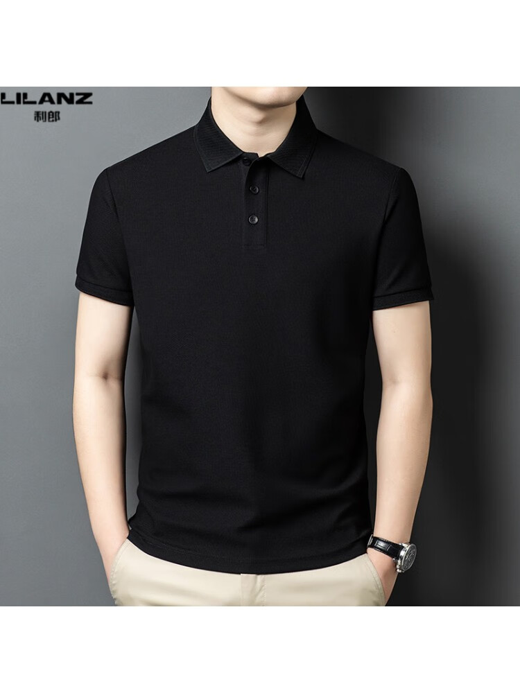 利郎（LILANZ）男裝長袖t恤夏季新款休閑純棉POLO衫中青年翻領(lǐng)純色薄款上衣 黑色薄款1727 黑色薄款1727 4XL (190)