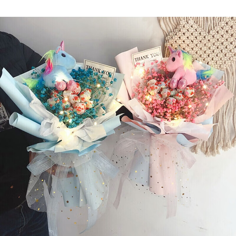 宜享健康糖果花束棒棒糖满天星泡泡机毕业少女心生日七夕情人节零食花 9颗棒棒糖粉色系小号款 灯+礼盒+卡片