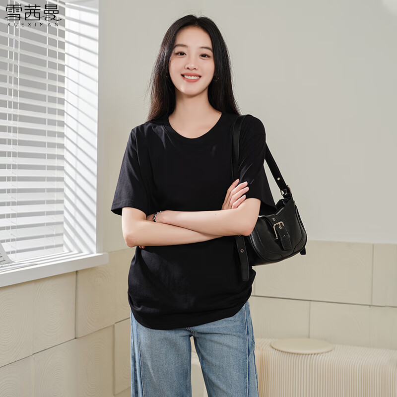 雪茜曼女装纯棉短袖t恤女春夏季经典款宽松上衣半袖休闲T恤 黑色 M （推荐90-110斤）