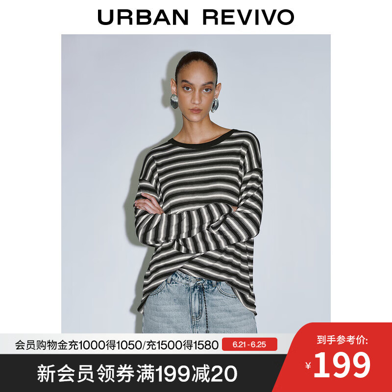 UR2025夏季新款女装撞色条纹宽松圆领长袖T恤UWJ450041 黑色条纹 XS