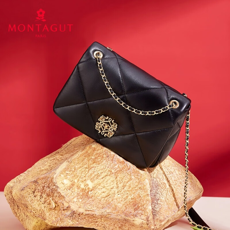 夢特嬌（MONTAGUT）夢特嬌女包2025新款感小香風(fēng)菱格鏈條包輕奢羊皮包單肩斜挎包 黑色