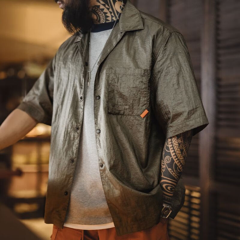 马登工装美式复古山系户外古巴领衬衫老钱风肌理感轻薄短袖衬衣男款夏 深绿色 宽松偏大 XL