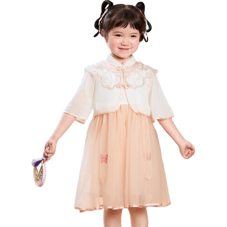 巴拉巴拉女童連衣裙國風套裝2024夏兒童國風裙刺繡云肩網紗裙208224111007