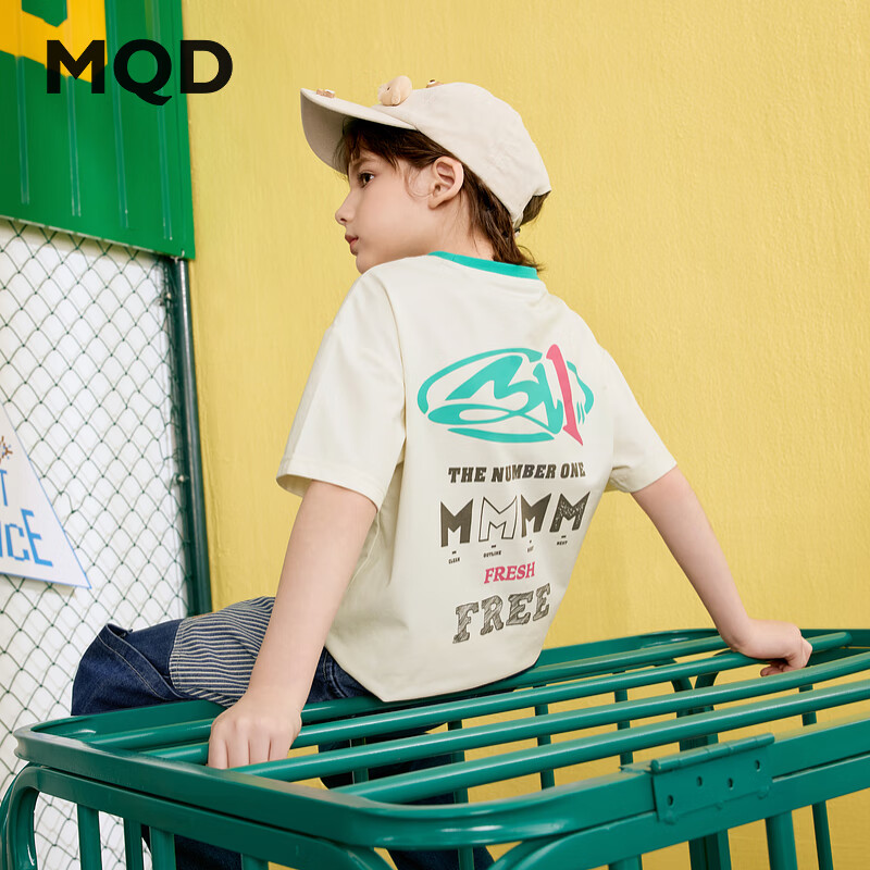 马骑顿（MQD）男童夏季新品学院风中大童基础百搭字母上衣短袖T恤 米白 160