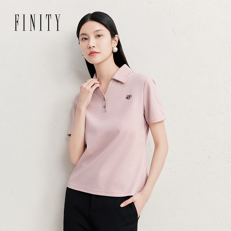 菲妮迪（FINITY）衬衫领T恤2025夏季新款简约气质百搭休闲短袖上衣女 粉色 L