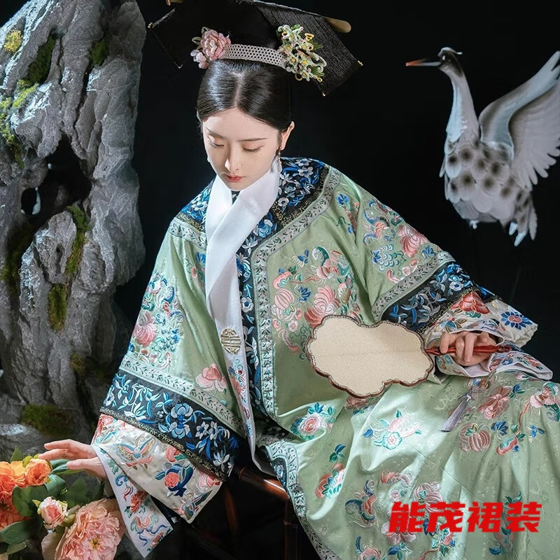 萱眸貴妃清代女裝清朝古裝氅衣旗裝旗中國印花宮廷格格服裝漢服 綠連衣裙單印花 均碼 通碼單層袖口