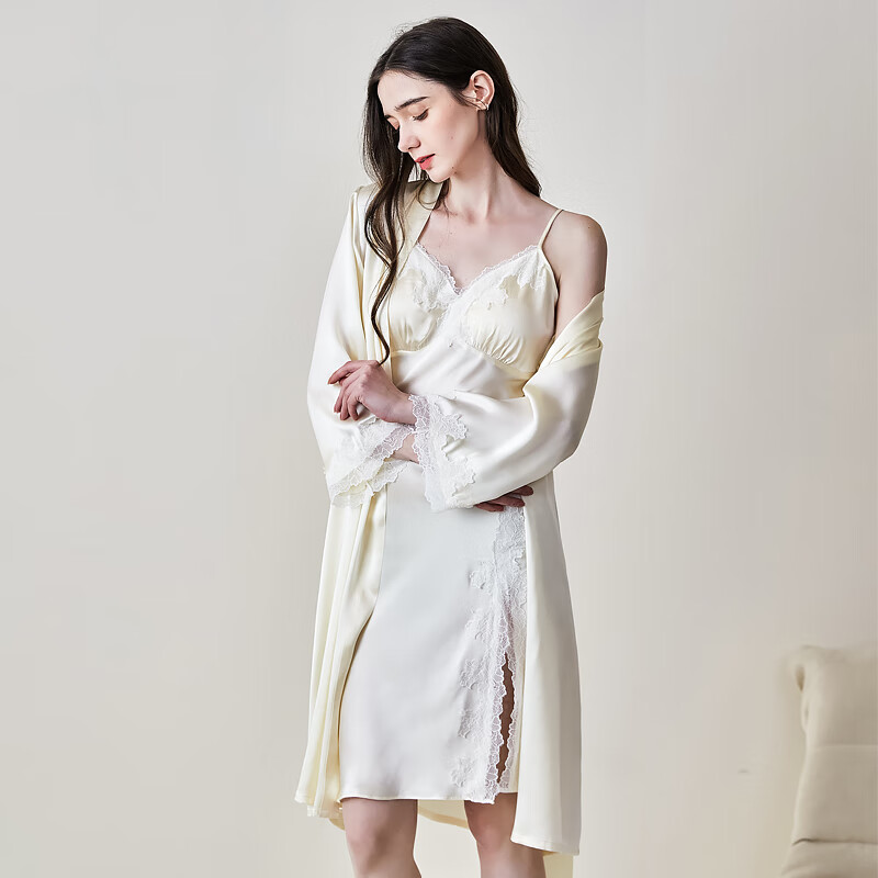 江南故事真丝睡袍女6A级100%桑蚕丝性感吊带睡裙套装丝绸家居服高级礼物 米色【高档礼盒】 XL