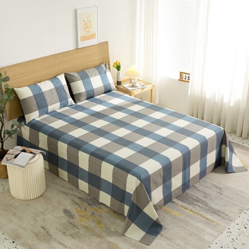 软贝原棉老粗布床单简约格子床单床上用品可水洗老粗布床单 蓝格 230*240cm床单+枕套一对