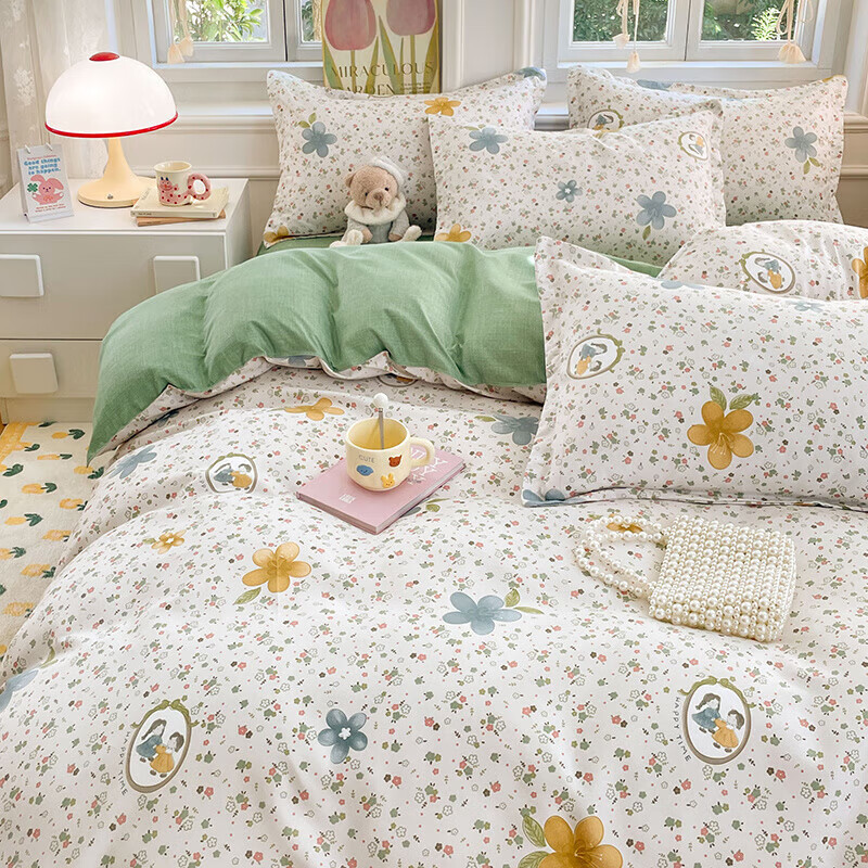 软贝小清新四件套 透气亲肤印花卡通简约田园风被套床单款套件 小家碧玉 2.0m床单款四件套被套200*230cm
