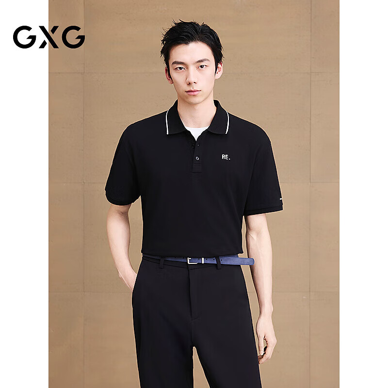 GXG男裝珠地透氣polo衫男士馬球衫 黑色 175/L