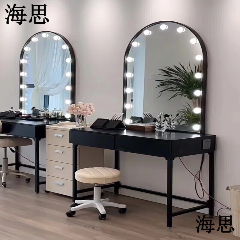 溥畔影樓化妝臺影樓婚紗店化妝臺帶燈美容院彩妝工作室梳妝臺培訓(xùn)化妝 黑色桌80*50+鏡80*110(無椅) 組裝
