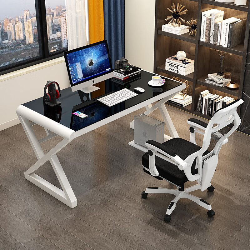 元优钢化玻璃电脑桌书桌稳固加大现代简约办公家用台式电脑桌游戏桌子 【圆角全黑】无键盘托 长140cm宽60cm高75cm