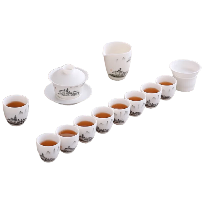 金鑲玉茶具套裝羊脂玉瓷中國(guó)白送禮盒高端家用陶瓷素?zé)?山水茶具13頭
