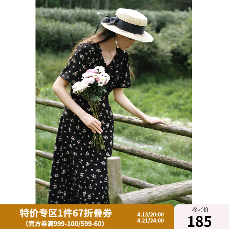 獨束大碼女裝法式甜美V領(lǐng)碎花連衣裙女春裝新款微胖mm顯瘦茶歇裙 黑底棕花-短袖版 XL (尺碼：3)