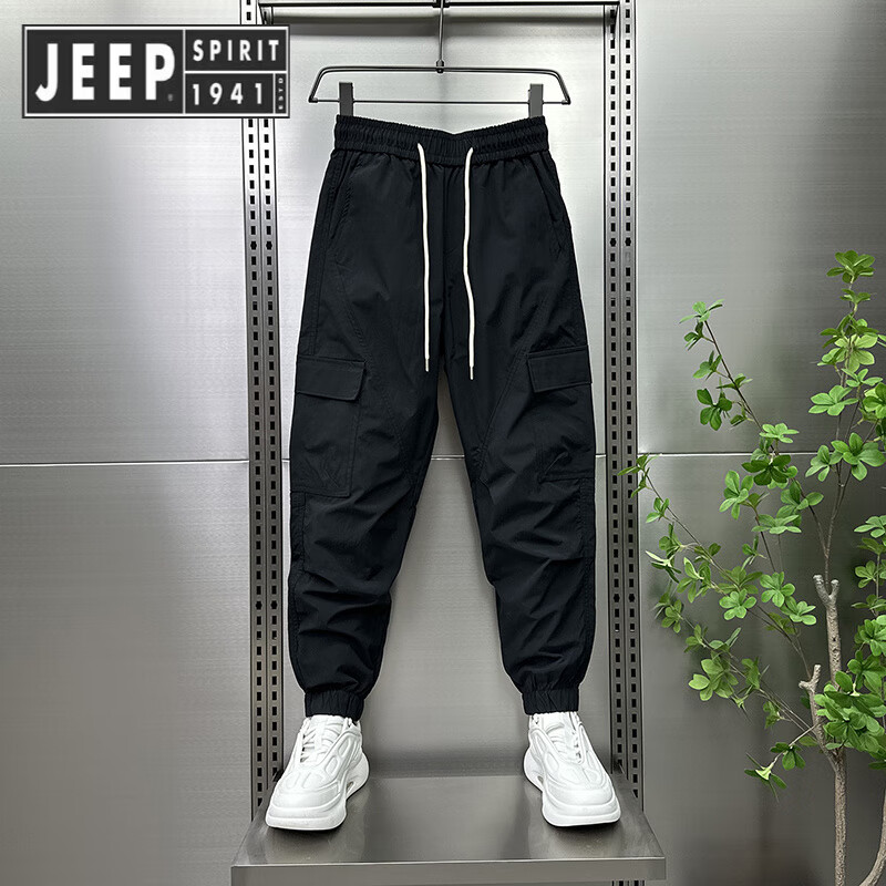 JEEP SPIRIT吉普夏季男士美式痞帥九分褲男百搭工裝褲潮流寬松薄款純色束腳褲 黑色 28 95-105斤