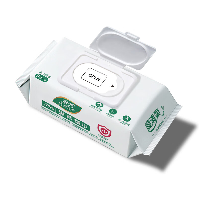 顺清柔75%酒精湿巾杀菌率99.9%消毒杀菌卫生湿纸巾大尺寸80片*3包实惠装