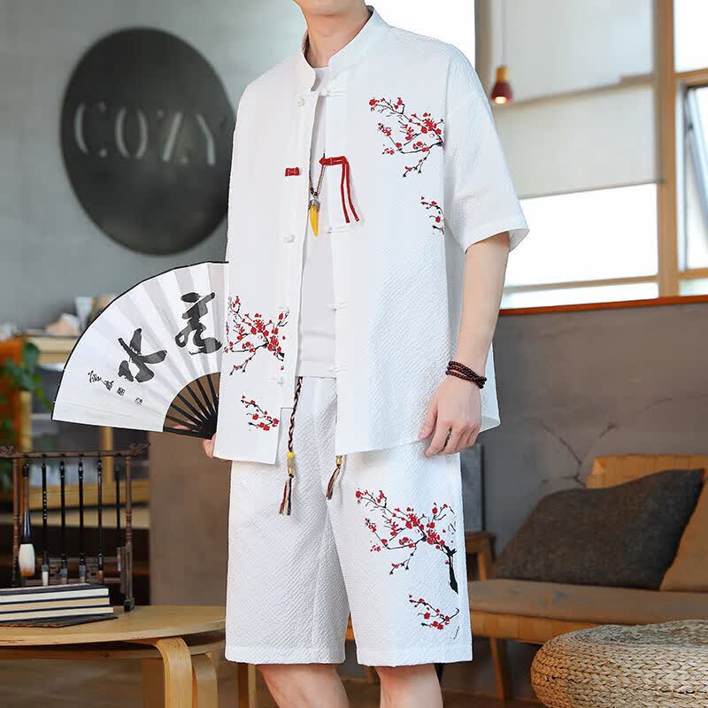 洛科驰夏季新款中国风短袖T恤短裤套装男开衫立领唐装衣服盘扣 8615白色 M 80-105斤