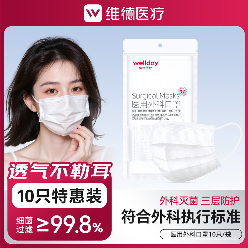 维德（WELLDAY）一次性医用外科口罩挂耳式三层无菌级防病毒细菌秋冬季透气防风 【外科灭菌】白色10只 4.9元