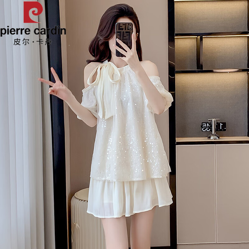 皮爾卡丹（pierre cardin）設計感掛脖系帶連衣裙女夏露肩娃娃裙雪紡上衣寬松紗裙兩件套裝裙 米白色 套裝 S