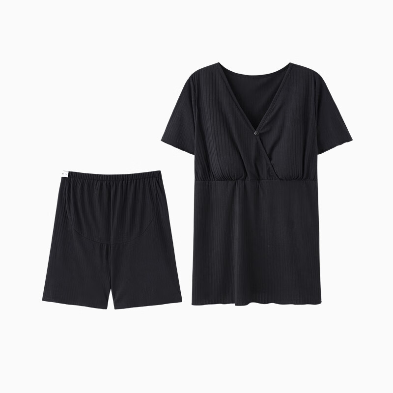 ROVO莫代爾月子服帶胸墊夏季薄款產(chǎn)后孕婦睡衣哺乳短袖短褲家居服套裝 黑色【涼感莫代爾  短袖褲套裝】 L