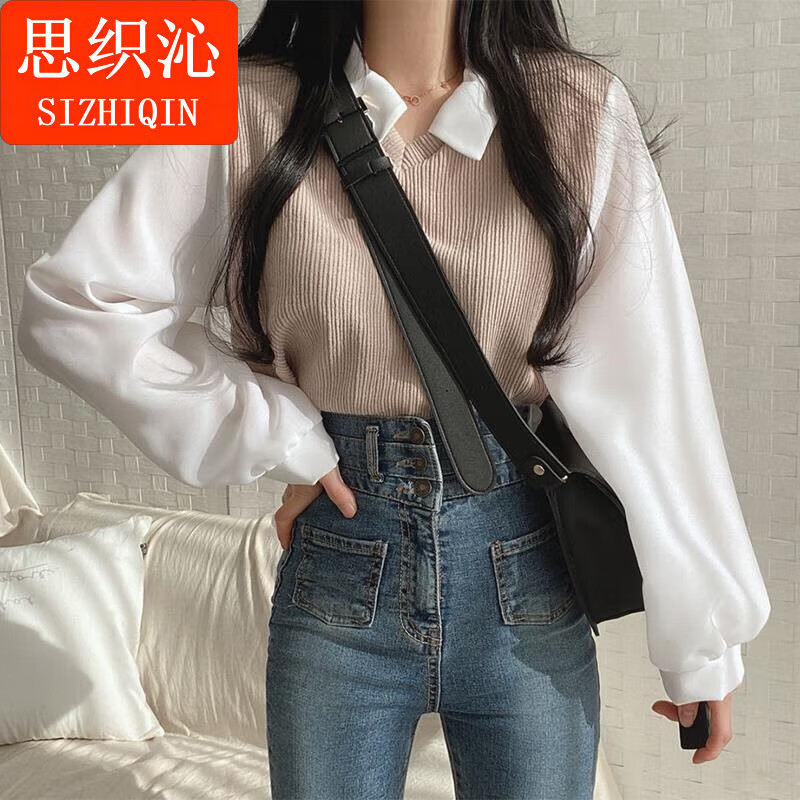 思织沁长袖T恤条纹假两件POLO领复古拼接螺纹卫衣女宽松高街翻领上衣 杏色 M