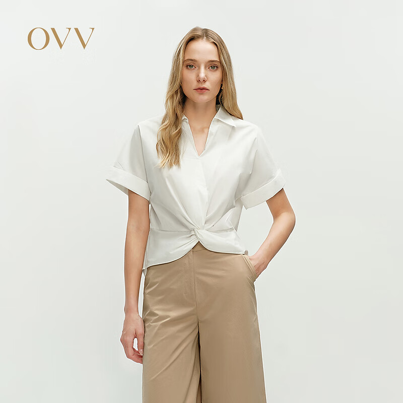 OVV2025春夏新款女装前门襟扭结设计一体落肩白色休闲衬衫 象牙白 XL