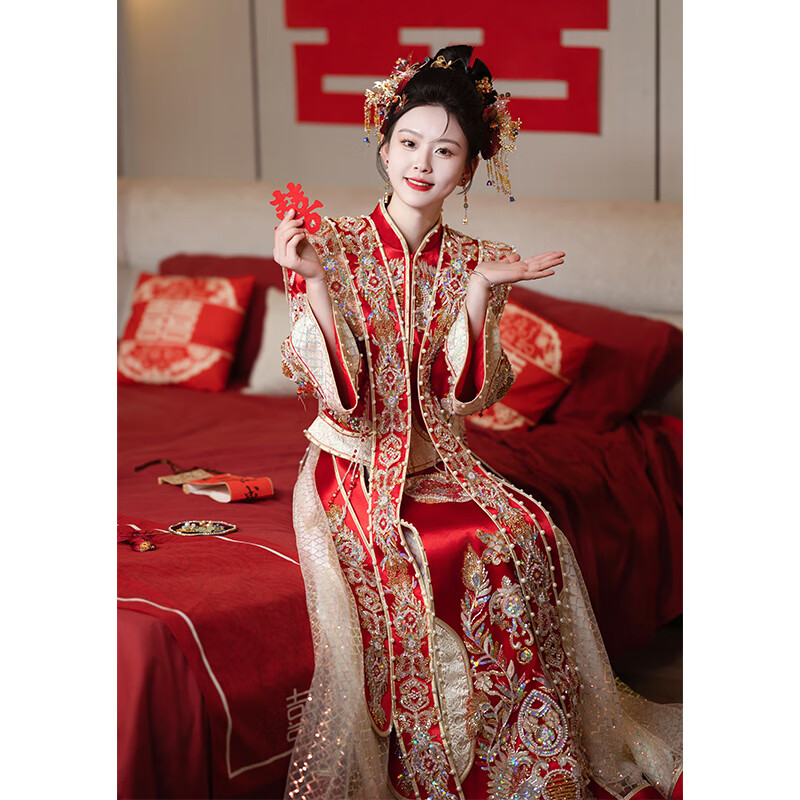 勤馳秀禾服新娘2024敬酒服明制新款結(jié)婚中式婚紗重工鳳冠霞披出 紅色春夏緞面 S 均碼