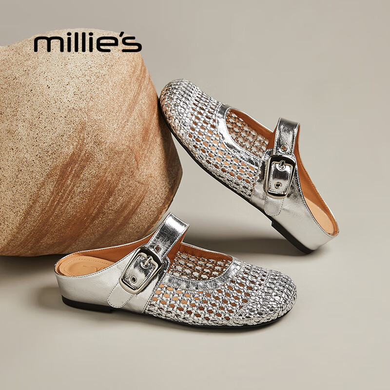 妙丽穆勒鞋女低跟镂空外穿包头时尚2025夏季新款百搭休闲时尚半拖鞋 银色 38 (240mm) 标准码