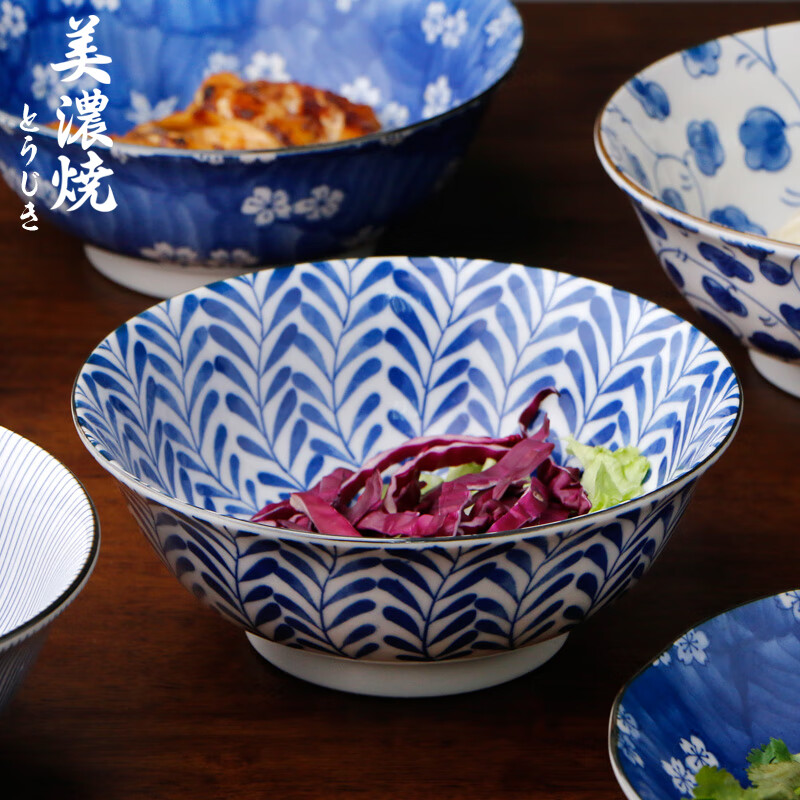 美濃燒（Mino Yaki）【新品】拉面碗日式高腳湯碗青花瓷水果沙拉碗復古意粉拌面家用大 春櫻秋葉【20.8cm*8.0cm】