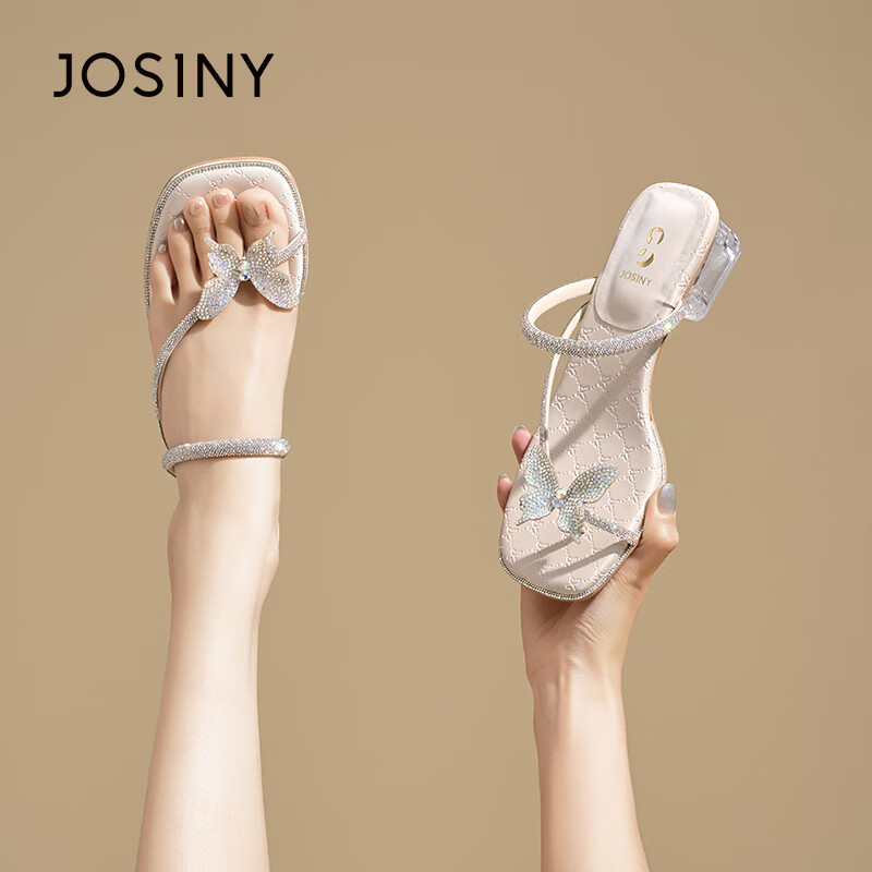 卓詩尼（Josiny）水鉆粗跟涼拖鞋女外穿2025夏季仙女風蝴蝶結夾趾高跟涼鞋 銀色[5cm粗跟顯高不累腳] 34 加購優先發貨